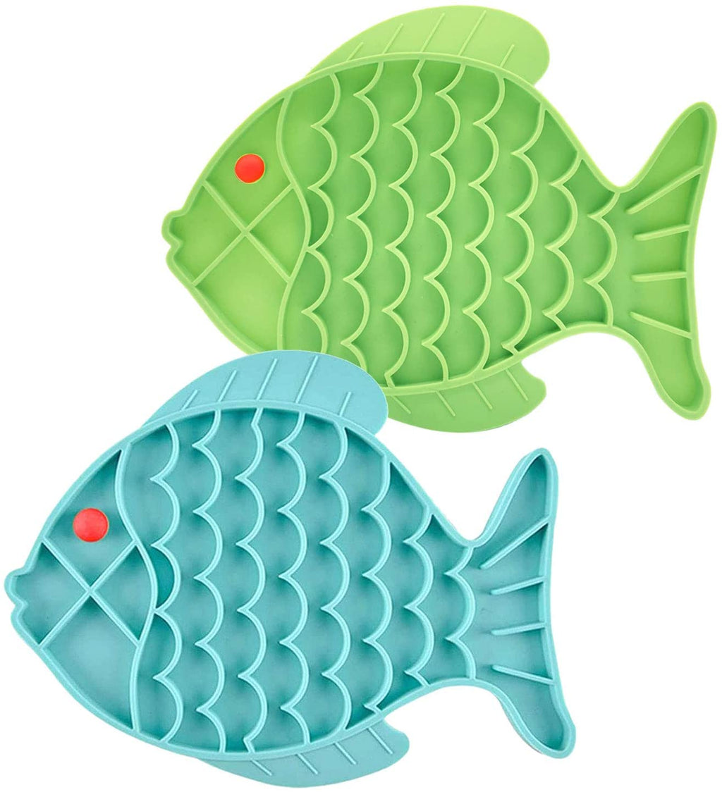 Cat Lick Treat Mat Set - 2 Pack Fish-Shaped Puzzle Feeders for Cats and Dogs, Promoting Anxiety Relief and Engaging Feeding Experience (Blue and Green)