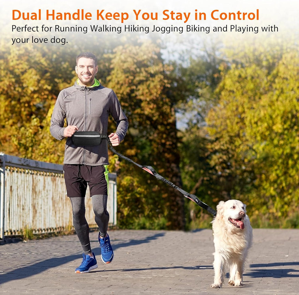 Hands-Free Dog Running Leash with Waist Belt, Dual Handle Elastic Bungee Retractable Rope for Medium to Large Dogs, Reflective Stitching for Walking, Hiking, and Biking (Large Pink, 25-120 lbs)