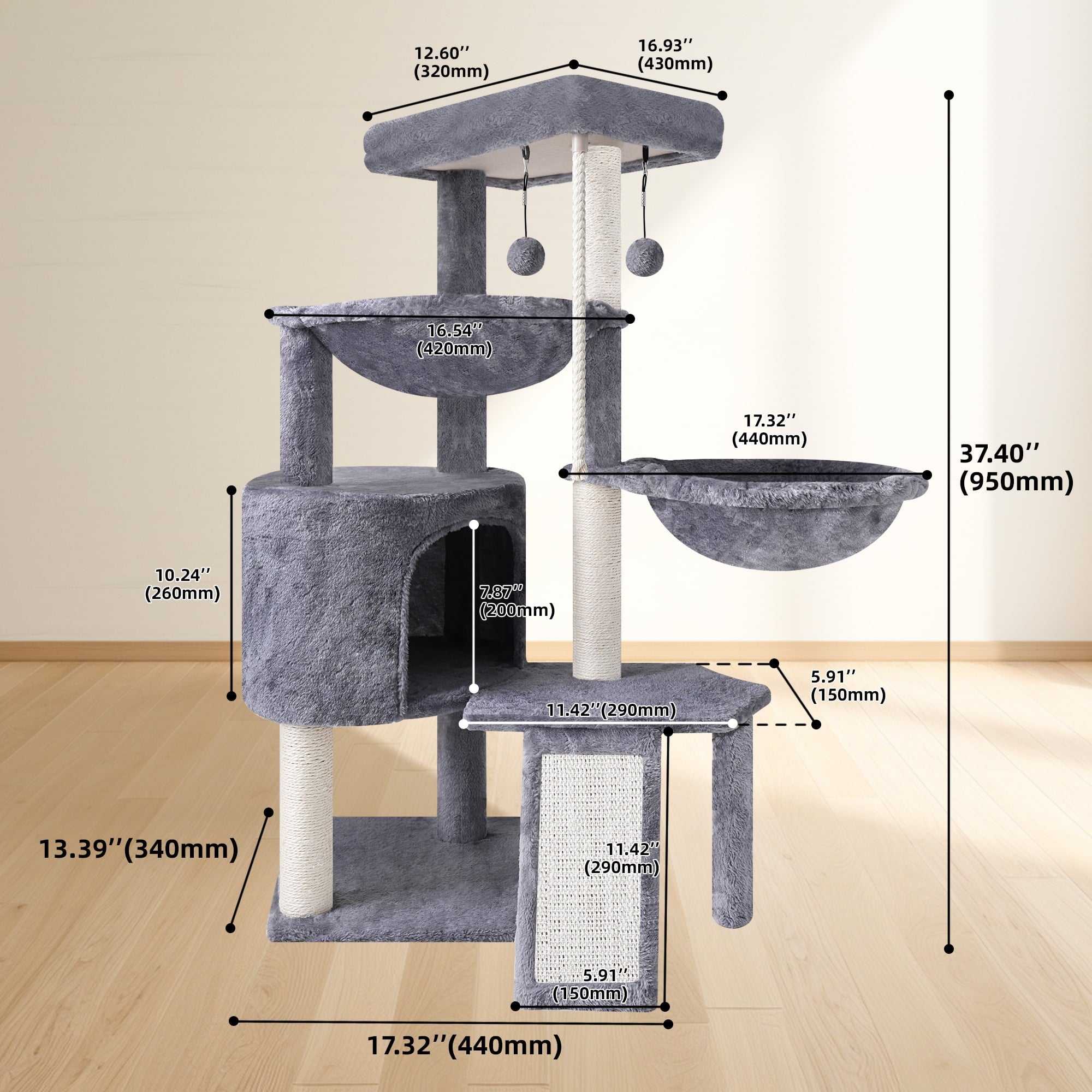 Ultimate 37.4'' Cat Tree Tower - Cozy Activity Centre with Scratching Posts, Two Hammocks, and Cat Condo in Stylish Grey