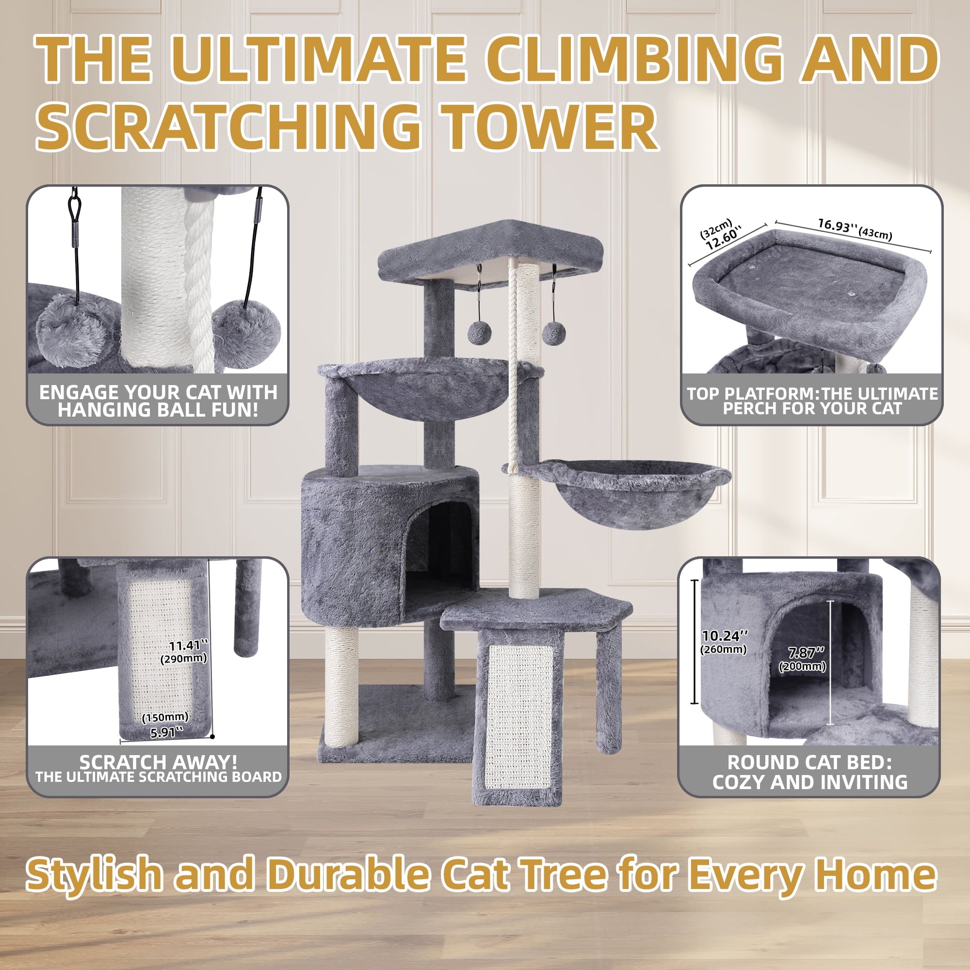 Ultimate 37.4'' Cat Tree Tower - Cozy Activity Centre with Scratching Posts, Two Hammocks, and Cat Condo in Stylish Grey
