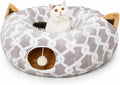 Large Cat Tunnel Bed under Christmas Tree with Fluffy Toy Balls, Small Cushion and Flexible Design- 10 Inch Diameter, 3 Ft Length- Great for Cats, and Small Dogs, Gray Geometric Figure