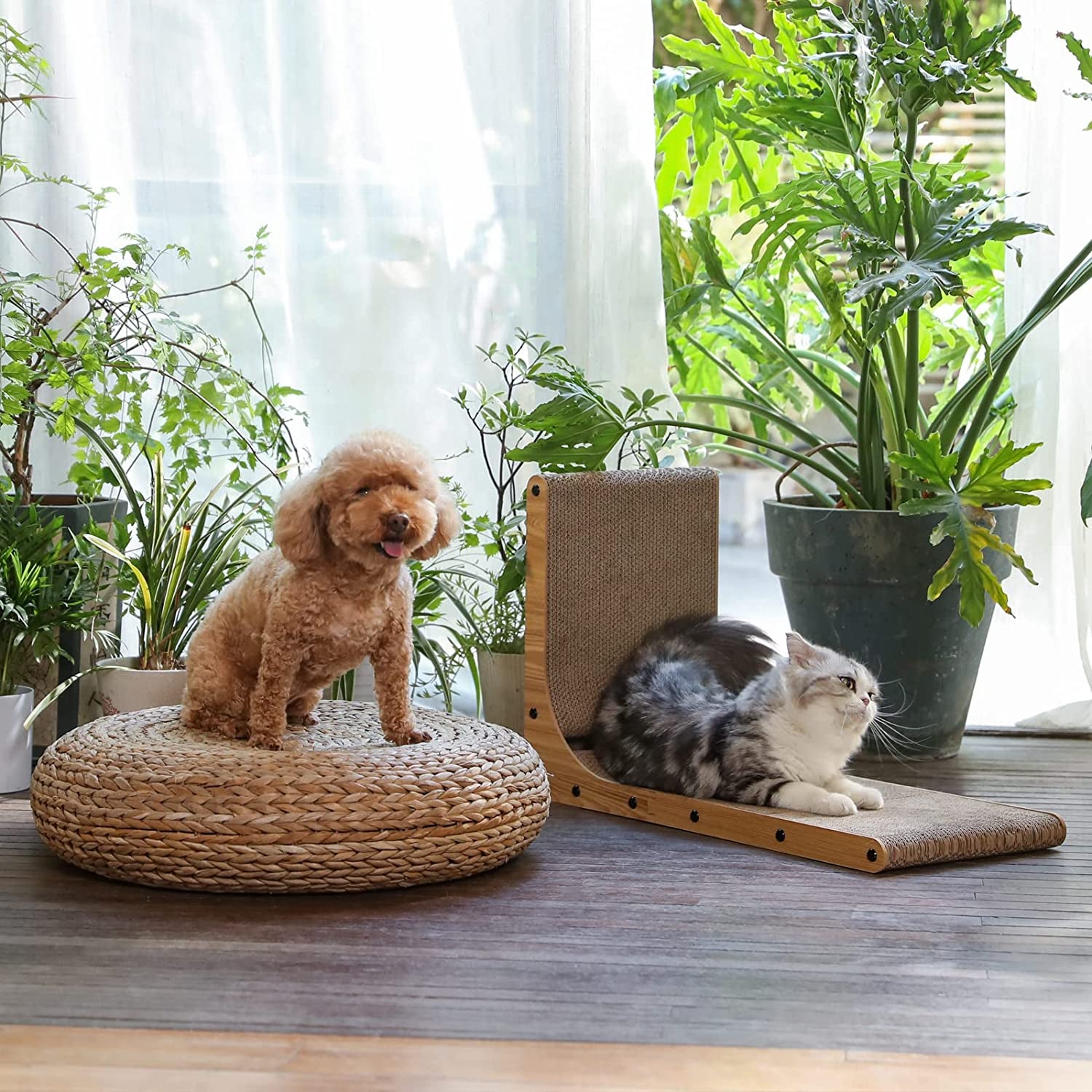 Wall-Mounted L-Shaped Cat Scratcher - 26.8 Inch Cardboard Scratch Pad with Ball Toy for Indoor Cats, Large Size