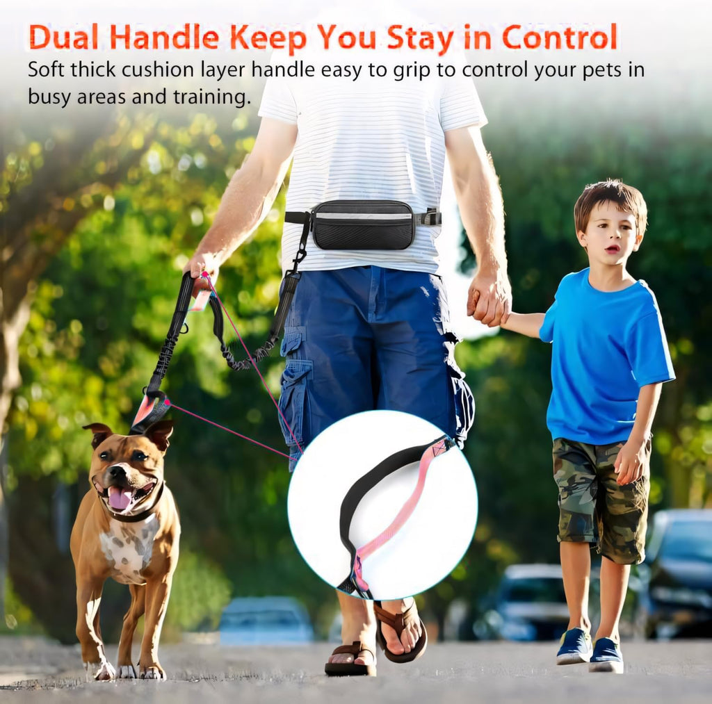 Hands-Free Dog Running Leash with Waist Belt, Dual Handle Elastic Bungee Retractable Rope for Medium to Large Dogs, Reflective Stitching for Walking, Hiking, and Biking (Large Pink, 25-120 lbs)