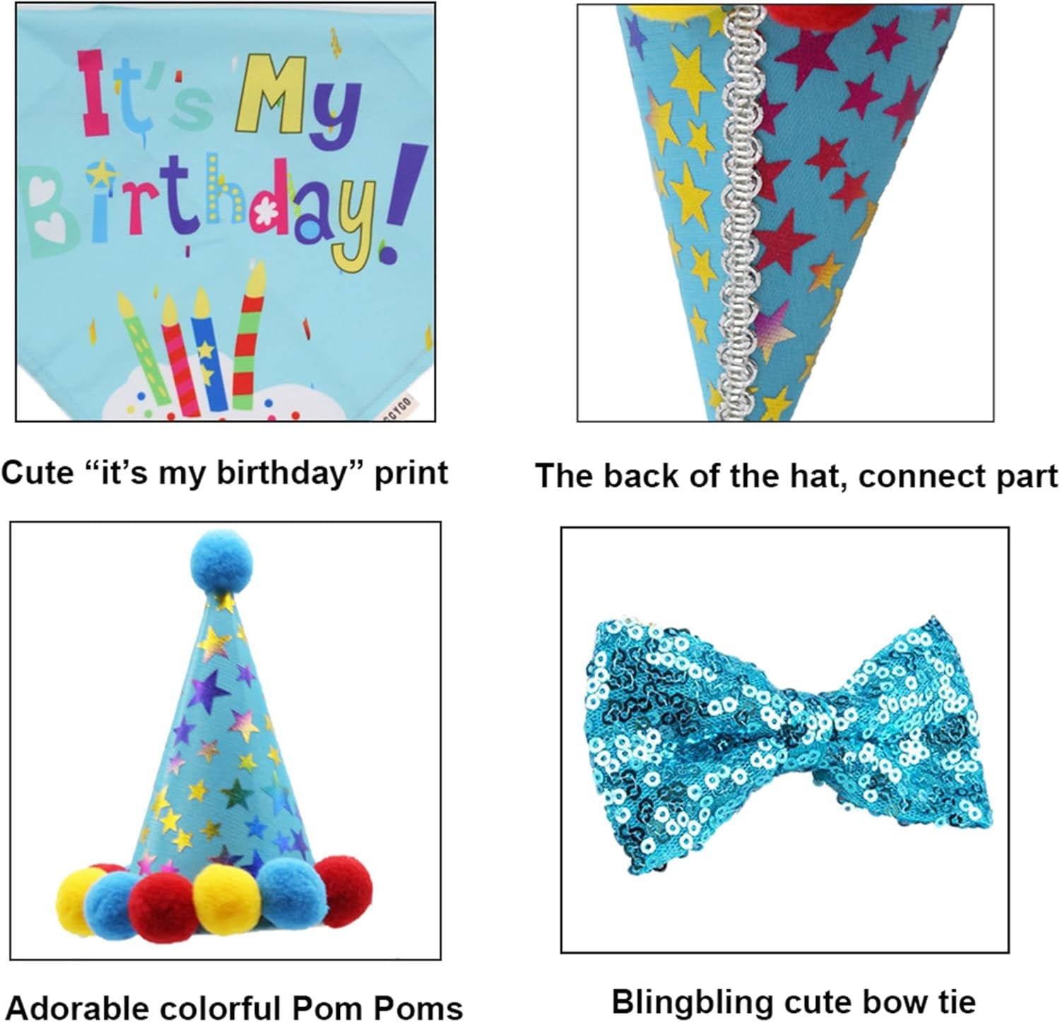 Dog Birthday Hat, Blue Birthday Boy Bandana with Bow Tie, Large | 3 Sizes, It'S My Birthday Dog Bandana, Colorful Pom Pom Hat, Bow Tie & Age Numbers for Medium Large Dogs
