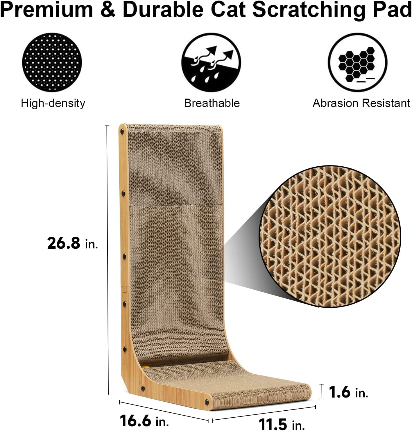 Wall-Mounted L-Shaped Cat Scratcher - 26.8 Inch Cardboard Scratch Pad with Ball Toy for Indoor Cats, Large Size