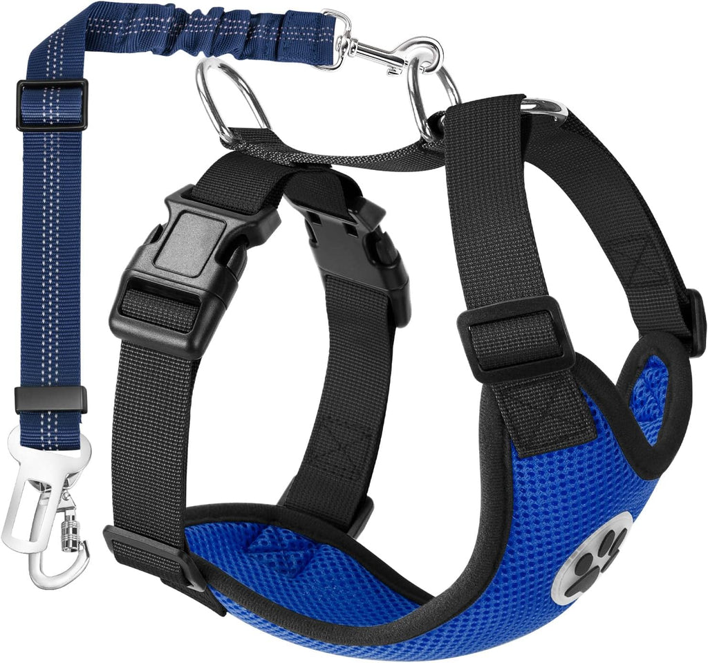 Ultimate Dog Car Harness Seat Belt - Adjustable Mesh Vest with Elastic Bungee Tether for Safe and Comfortable Travel (Blue, Medium)