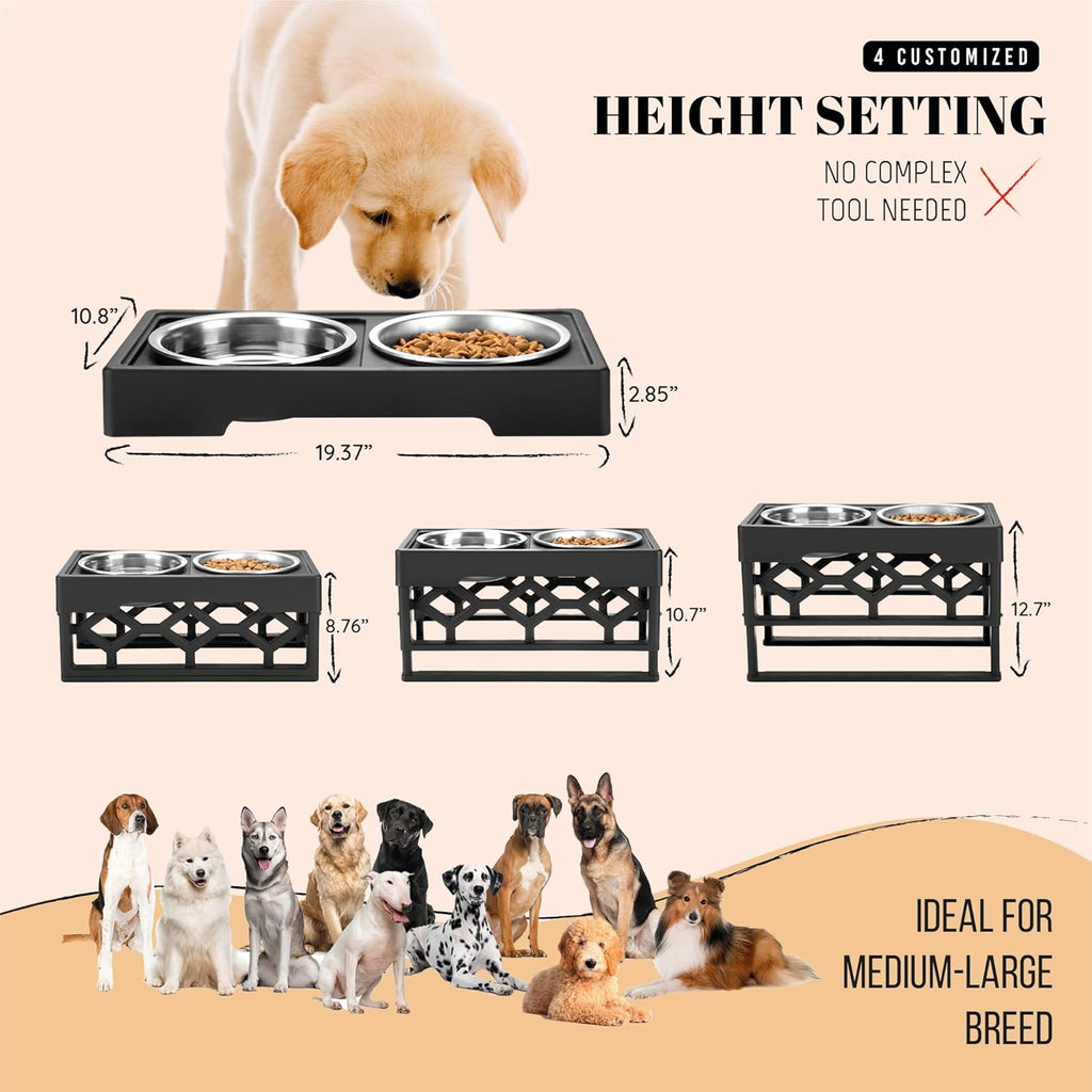 Elevated Dog Bowls with Adjustable Height - Perfect Feeding Station for Medium and Large Dogs with 2 Stainless Steel Bowls and Anti-Slip Base