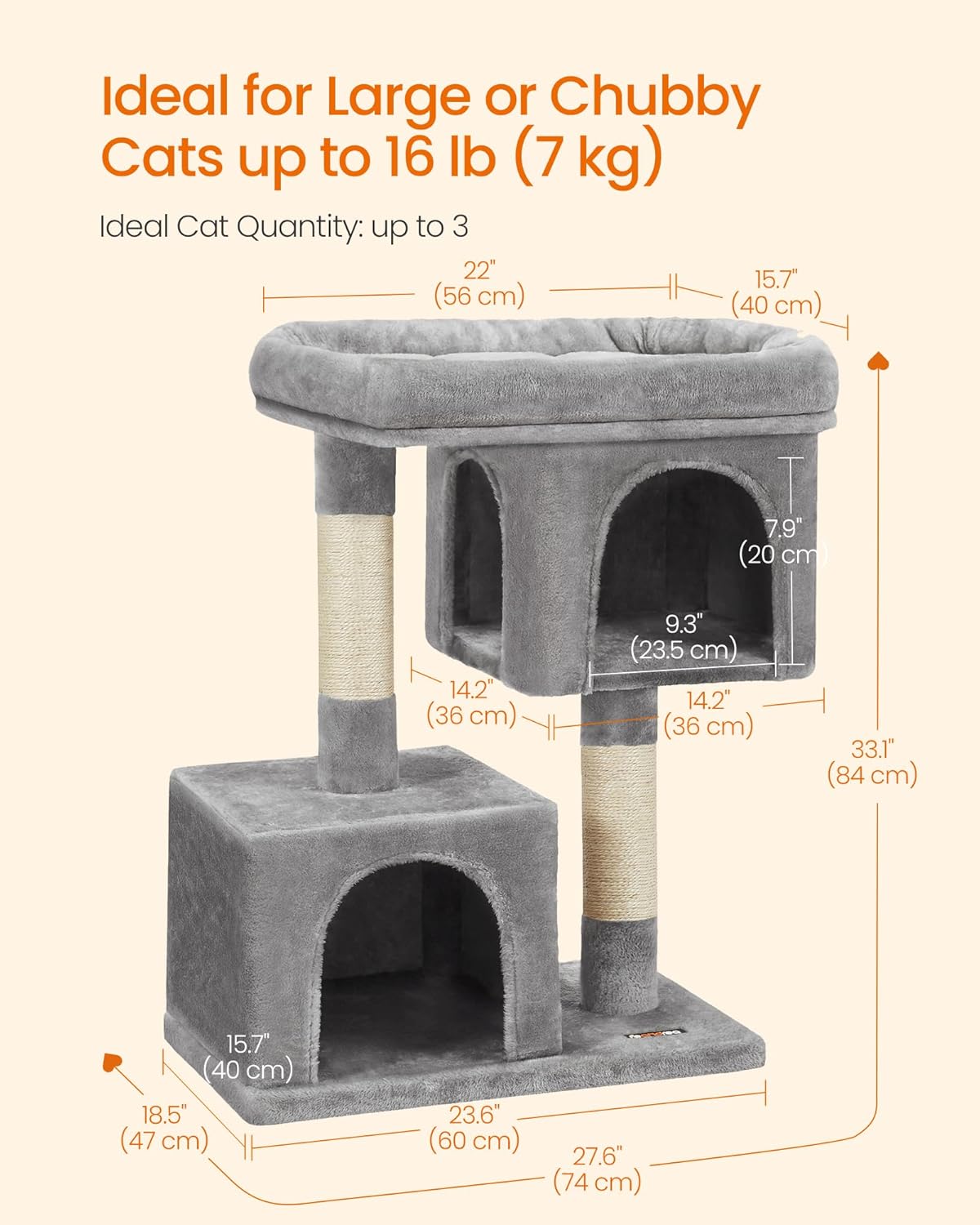 Deluxe Cat Tree Tower - 33.1-Inch Plush Condo for Large Cats with Spacious Perch, Cozy Caves, and Durable Scratching Posts in Light Gray