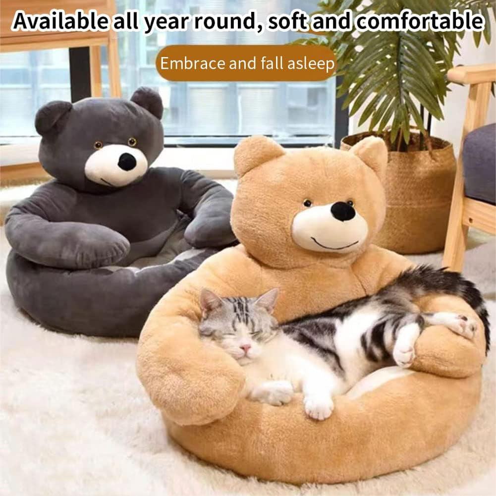 Cozy Bear Hug Plush Pet Bed for Small Dogs and Cats - Soft, Calming, and Washable with Non-Slip Bottom (22" Diameter, Khaki)