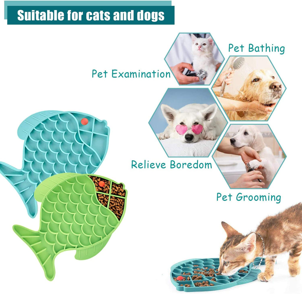 Cat Lick Treat Mat Set - 2 Pack Fish-Shaped Puzzle Feeders for Cats and Dogs, Promoting Anxiety Relief and Engaging Feeding Experience (Blue and Green)