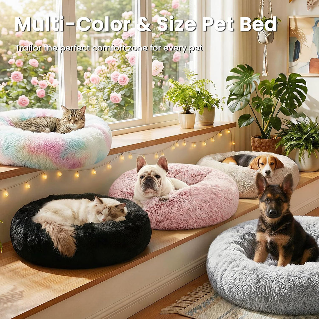 Indulge Your Pet with the Cozy Calming Cat Bed - Fluffy Faux Fur Round Dog Bed for Small to Medium Pets in Stylish Grey, 20 Inch