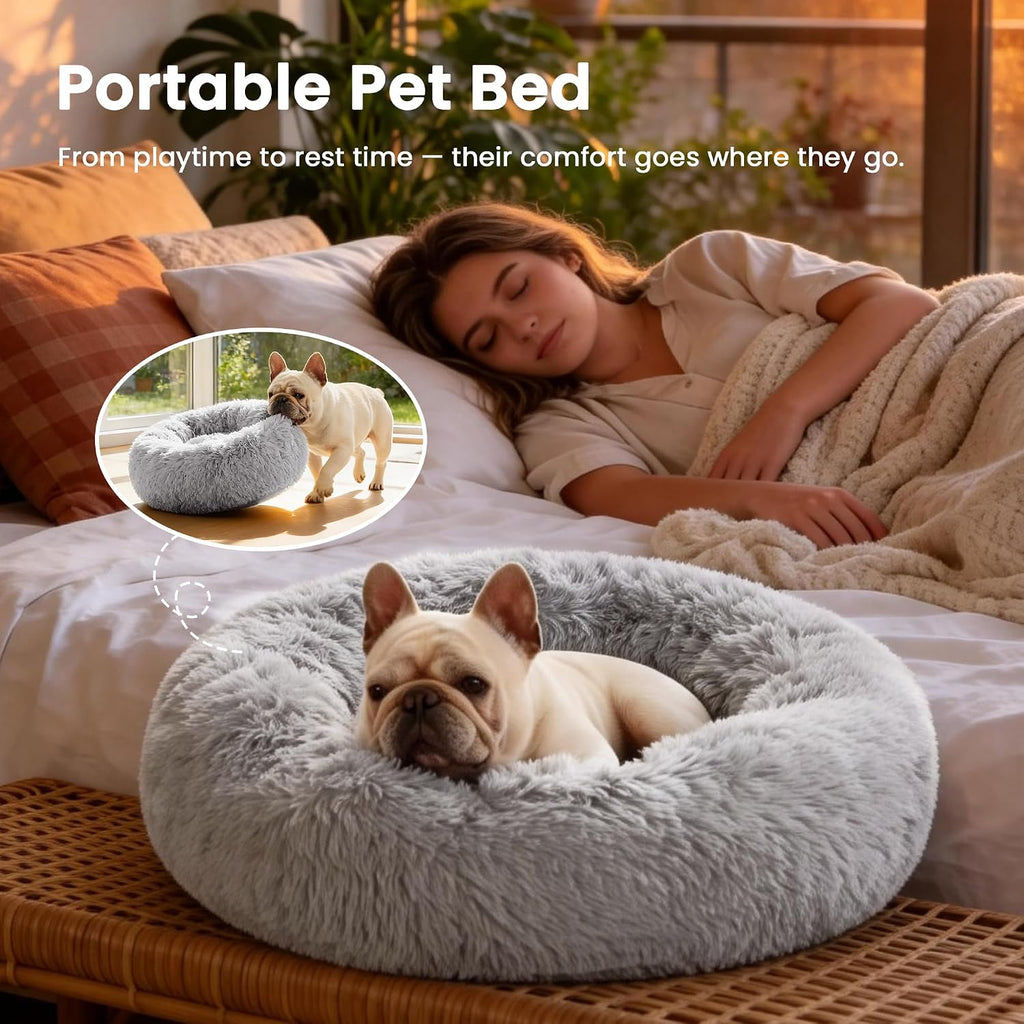 Indulge Your Pet with the Cozy Calming Cat Bed - Fluffy Faux Fur Round Dog Bed for Small to Medium Pets in Stylish Grey, 20 Inch