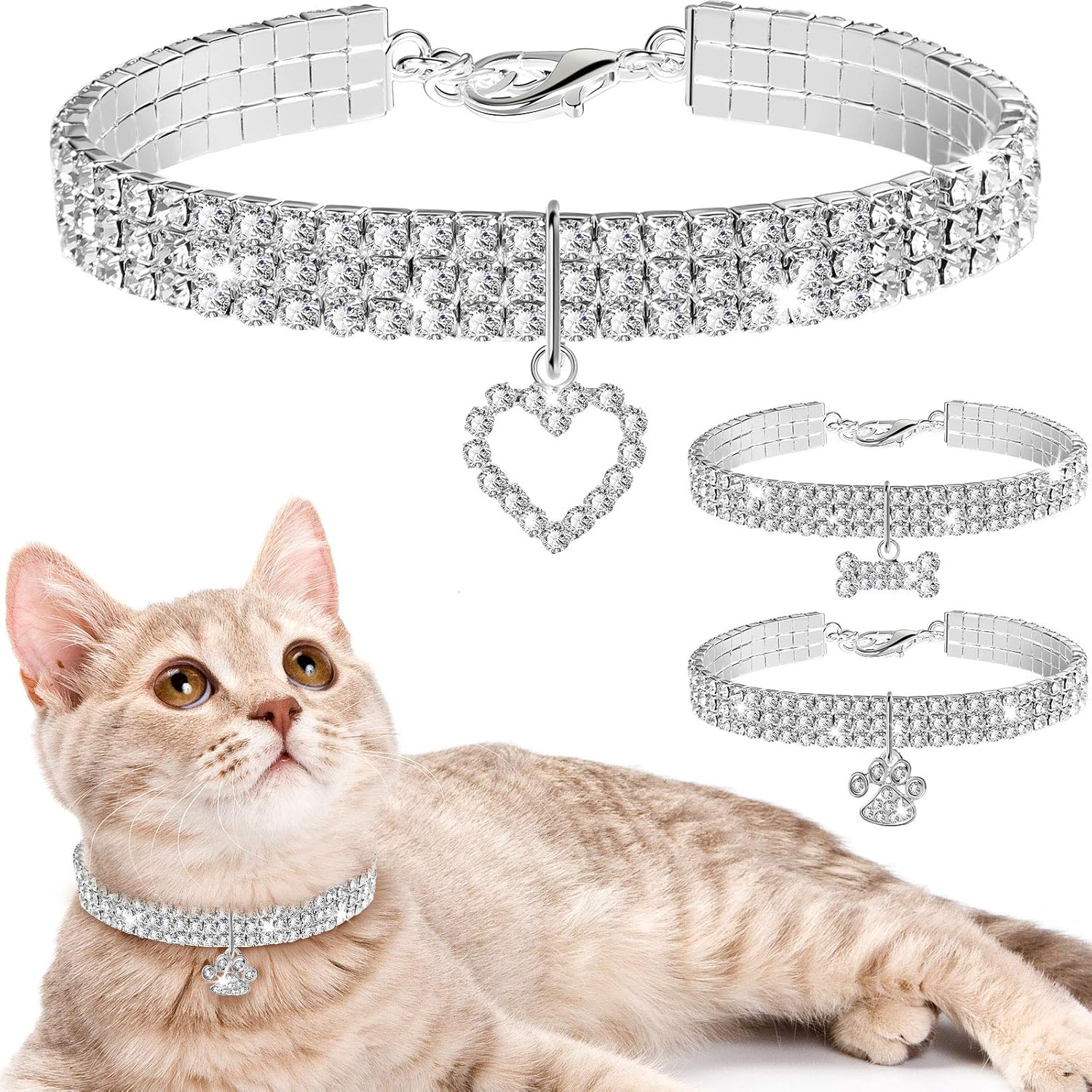 Sparkle in Style: 3-Piece Adjustable Rhinestone Pet Collar Set for Small Dogs and Cats