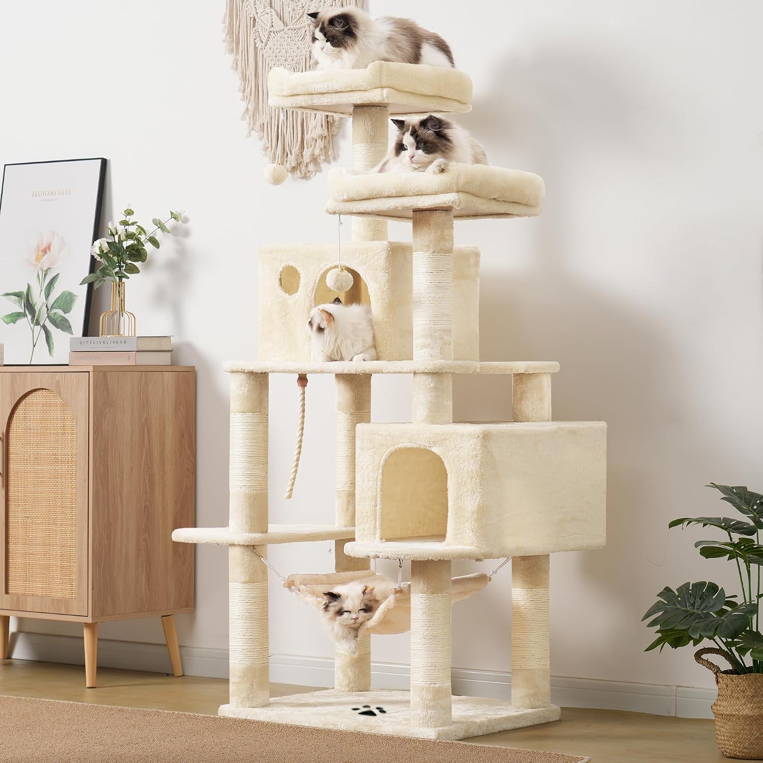 Deluxe Large Multi-Level Cat Tree Condo with Plush Condos and Hammock - Perfect for All Breeds!