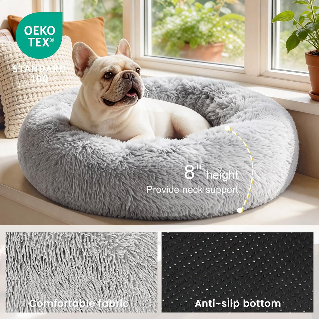 Indulge Your Pet with the Cozy Calming Cat Bed - Fluffy Faux Fur Round Dog Bed for Small to Medium Pets in Stylish Grey, 20 Inch