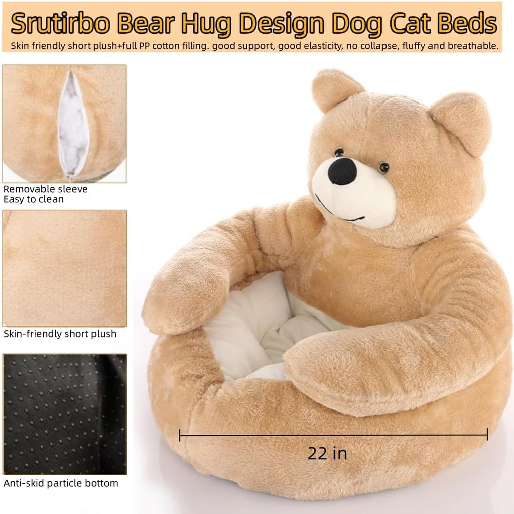 Cozy Bear Hug Plush Pet Bed for Small Dogs and Cats - Soft, Calming, and Washable with Non-Slip Bottom (22" Diameter, Khaki)