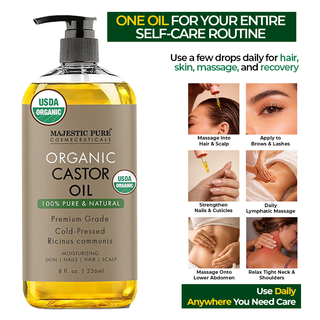 USDA Organic Castor Oil, 8Fl Oz Daily Hydrating Moisturizer for Body Care, Hair Growth, Cosmetic Body & Massage Oil