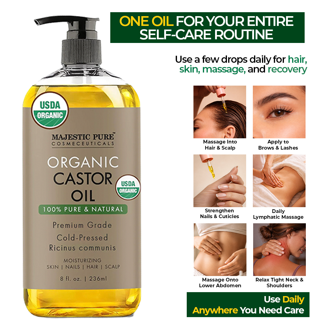 USDA Organic Castor Oil, 8Fl Oz Daily Hydrating Moisturizer for Body Care, Hair Growth, Cosmetic Body & Massage Oil