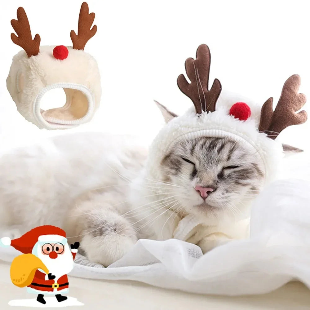 Adorable Christmas Puppy & Cat Costume Set - Santa Elk Hat with Bandana Scarf for Festive Pet Dress Up