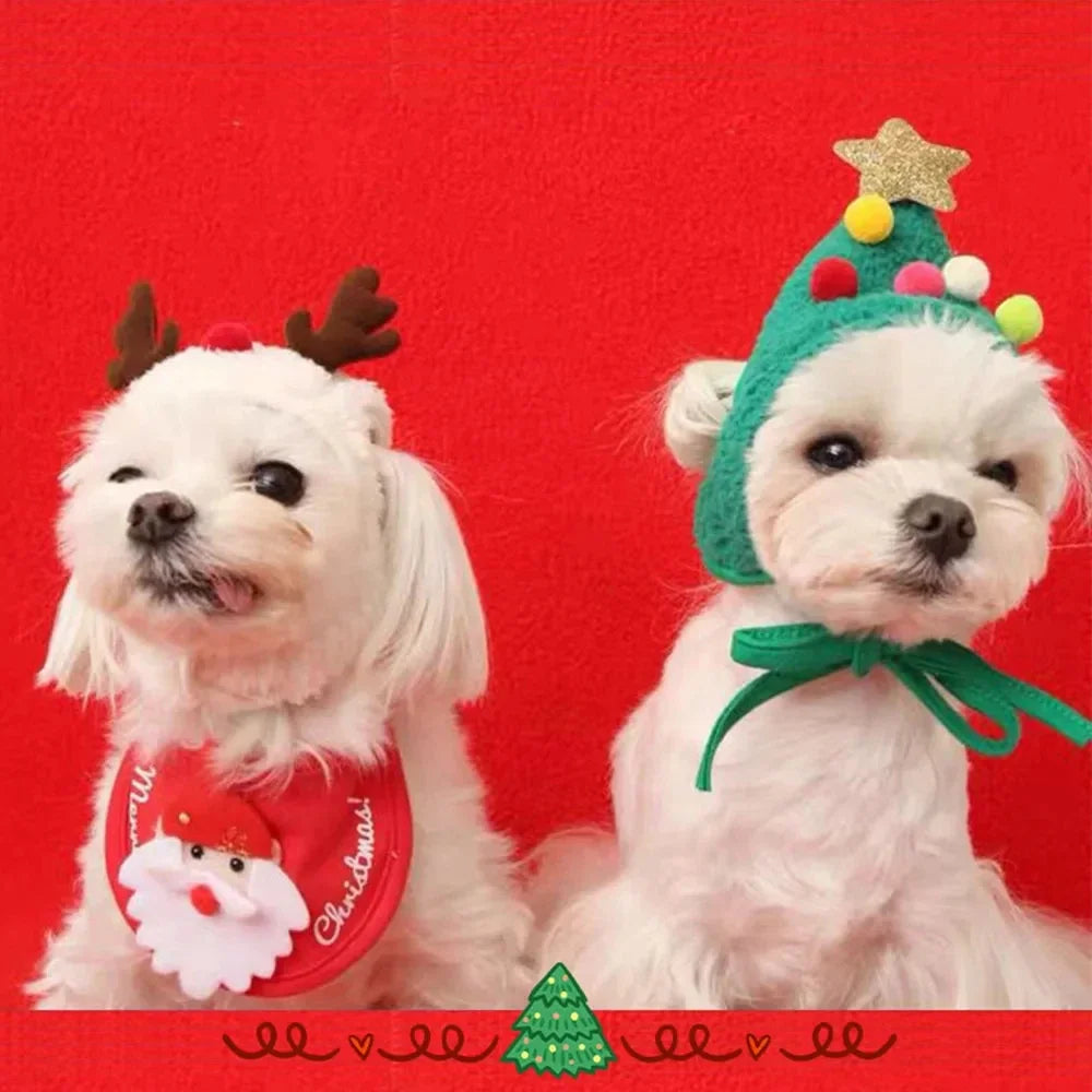 Adorable Christmas Puppy & Cat Costume Set - Santa Elk Hat with Bandana Scarf for Festive Pet Dress Up