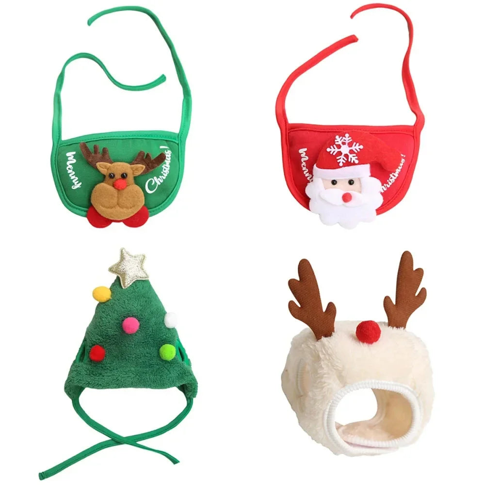 Adorable Christmas Puppy & Cat Costume Set - Santa Elk Hat with Bandana Scarf for Festive Pet Dress Up