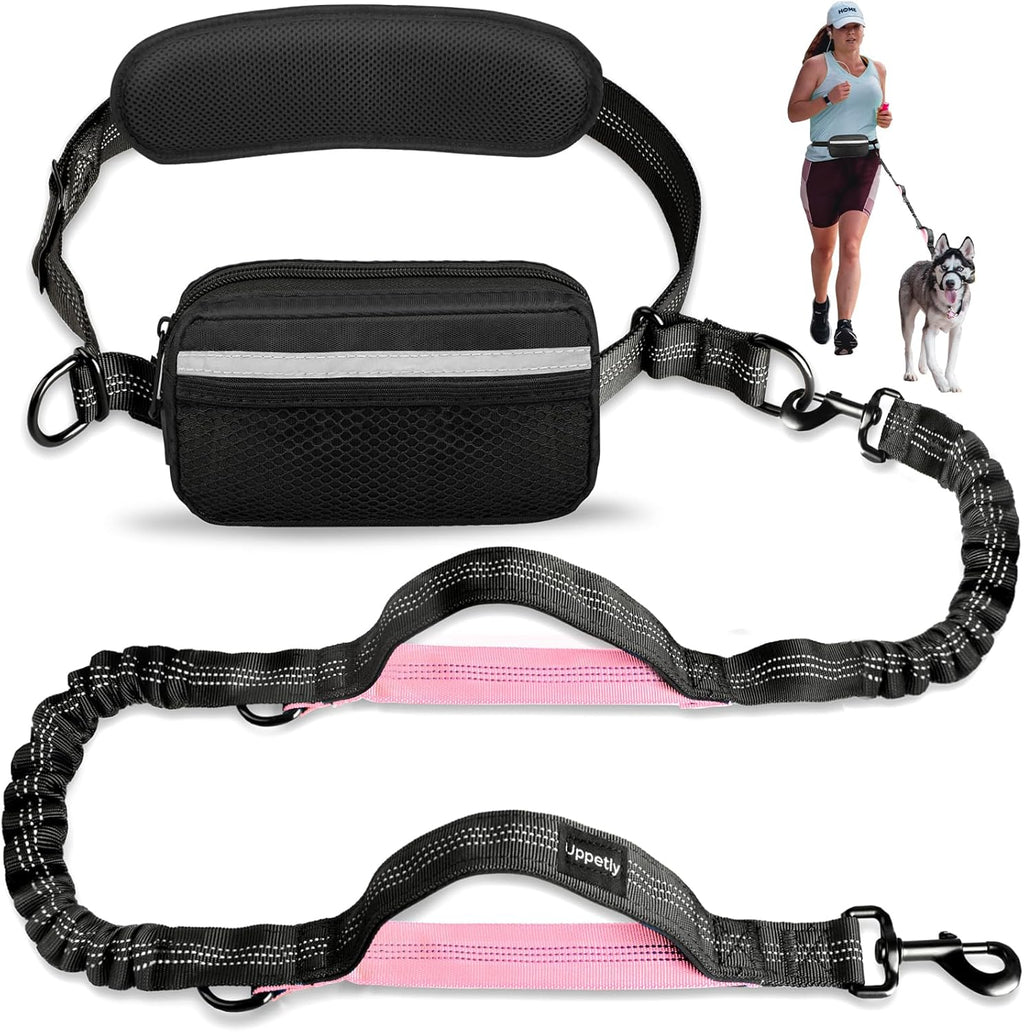 Hands-Free Dog Running Leash with Waist Belt, Dual Handle Elastic Bungee Retractable Rope for Medium to Large Dogs, Reflective Stitching for Walking, Hiking, and Biking (Large Pink, 25-120 lbs)