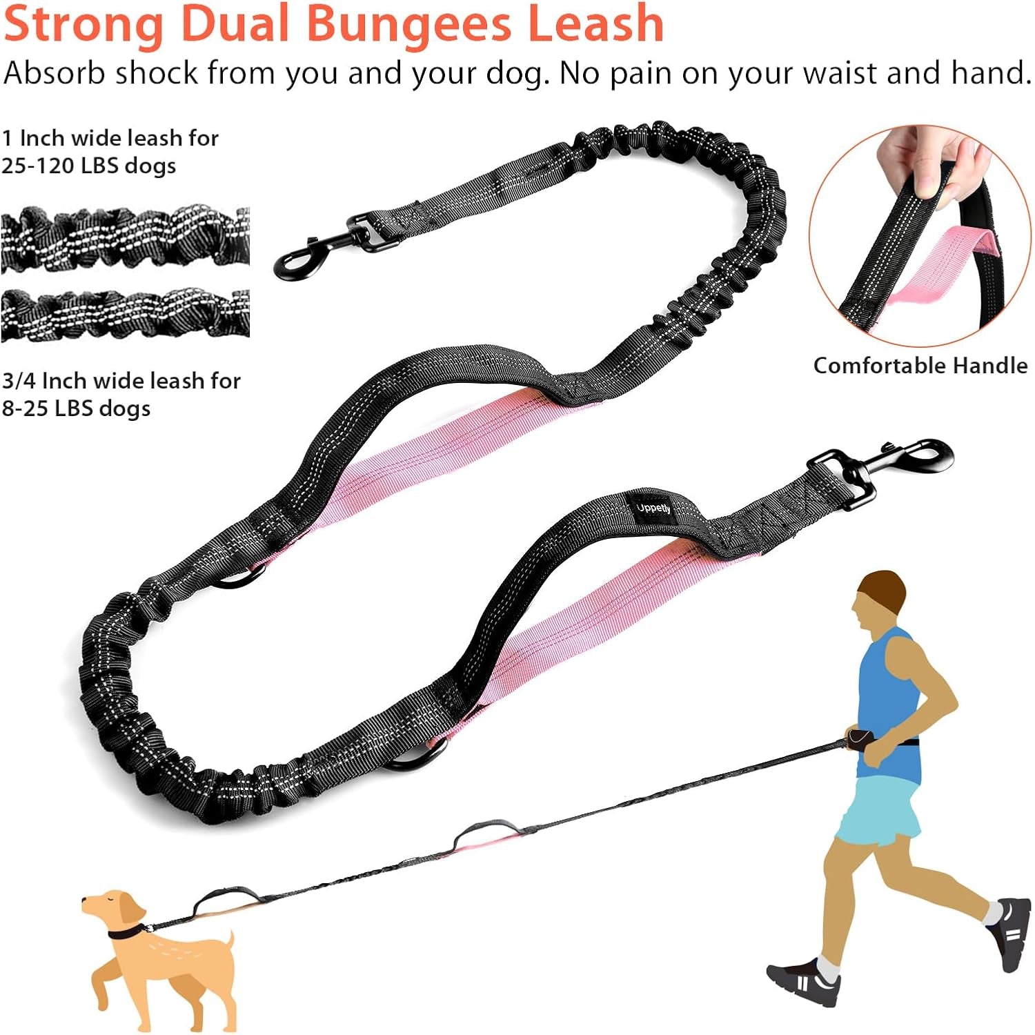 Hands-Free Dog Running Leash with Waist Belt, Dual Handle Elastic Bungee Retractable Rope for Medium to Large Dogs, Reflective Stitching for Walking, Hiking, and Biking (Large Pink, 25-120 lbs)