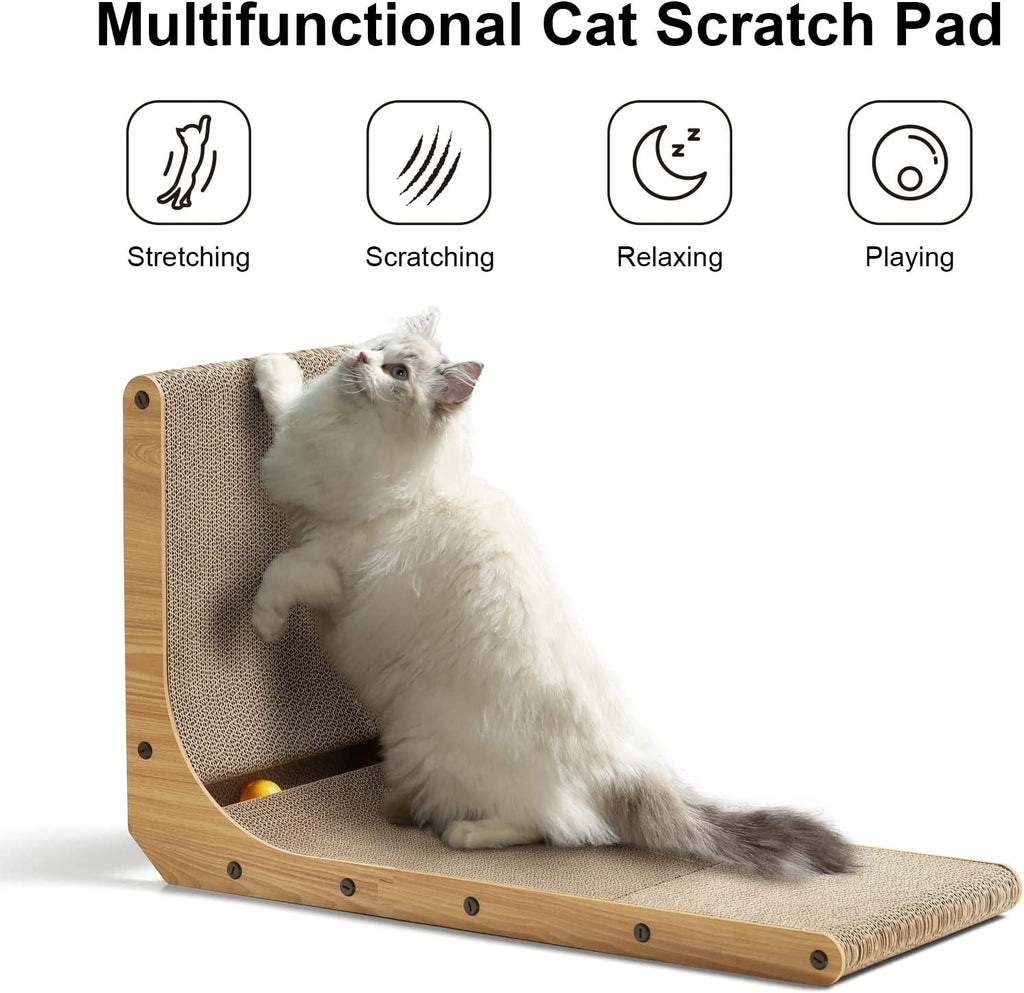 Wall-Mounted L-Shaped Cat Scratcher - 26.8 Inch Cardboard Scratch Pad with Ball Toy for Indoor Cats, Large Size