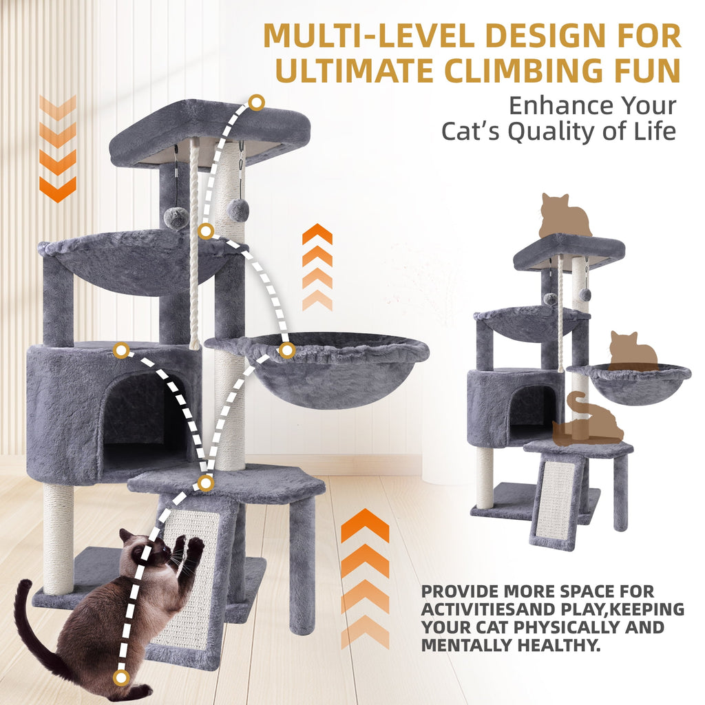 Ultimate 37.4'' Cat Tree Tower - Cozy Activity Centre with Scratching Posts, Two Hammocks, and Cat Condo in Stylish Grey