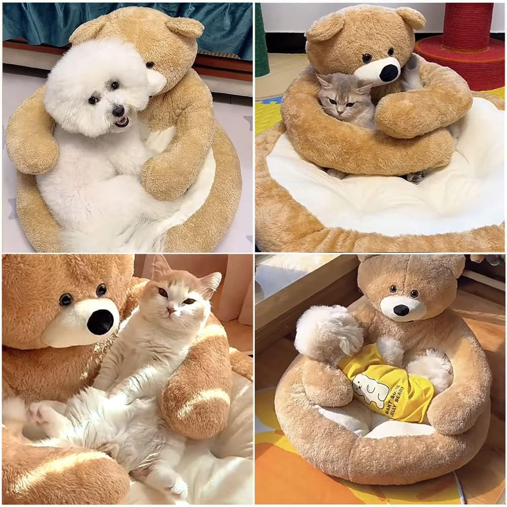 Cozy Bear Hug Plush Pet Bed for Small Dogs and Cats - Soft, Calming, and Washable with Non-Slip Bottom (22" Diameter, Khaki)