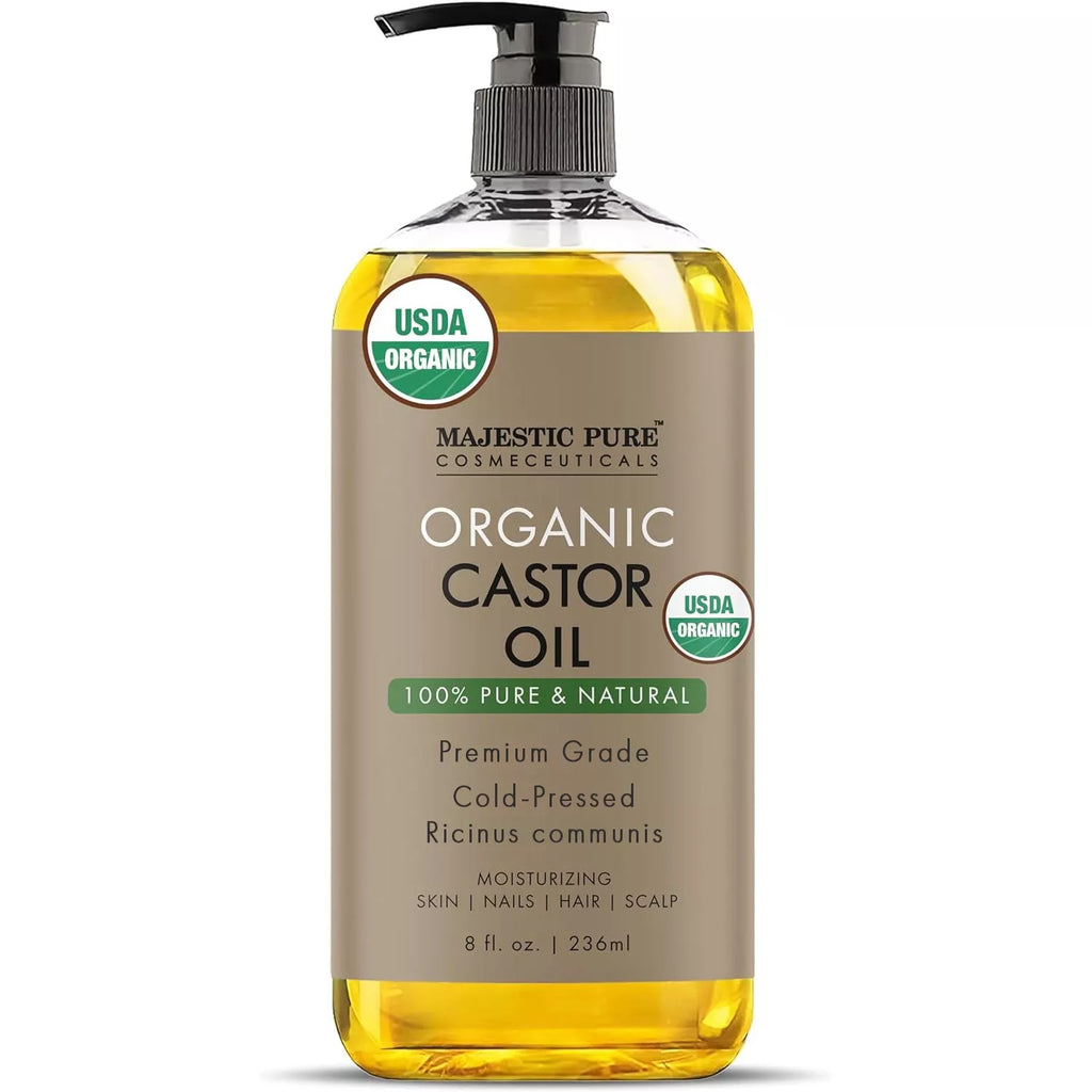 USDA Organic Castor Oil, 8Fl Oz Daily Hydrating Moisturizer for Body Care, Hair Growth, Cosmetic Body & Massage Oil