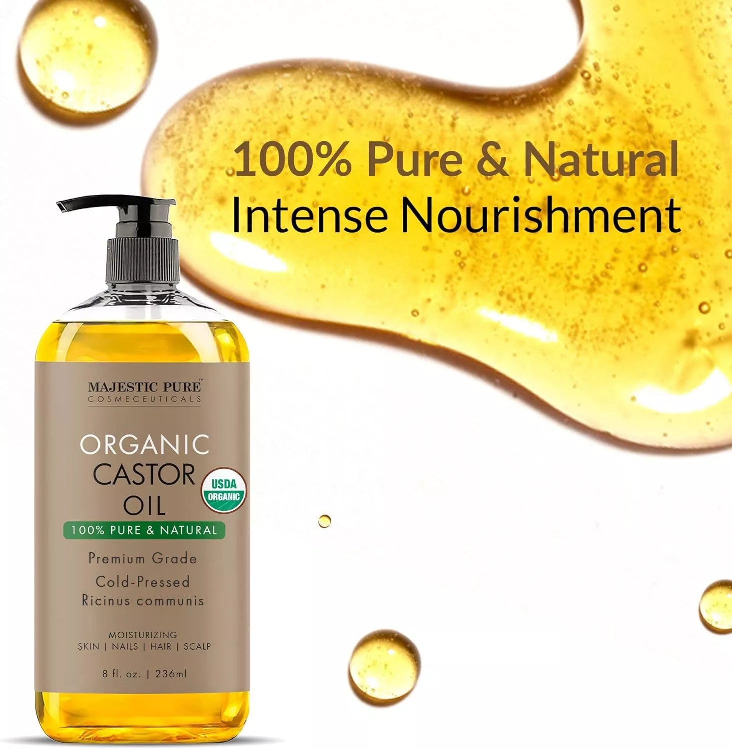 USDA Organic Castor Oil, 8Fl Oz Daily Hydrating Moisturizer for Body Care, Hair Growth, Cosmetic Body & Massage Oil