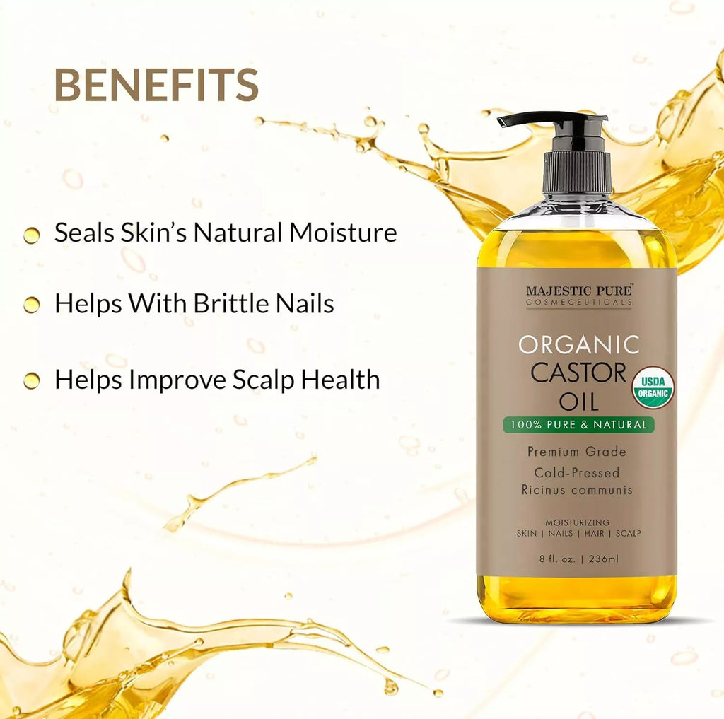 USDA Organic Castor Oil, 8Fl Oz Daily Hydrating Moisturizer for Body Care, Hair Growth, Cosmetic Body & Massage Oil