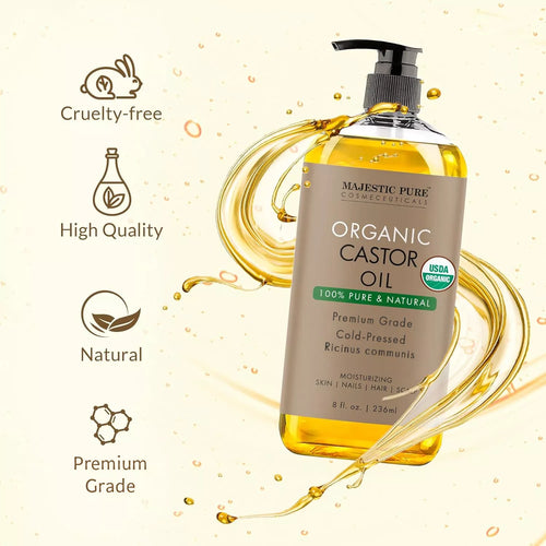 USDA Organic Castor Oil, 8Fl Oz Daily Hydrating Moisturizer for Body Care, Hair Growth, Cosmetic Body & Massage Oil