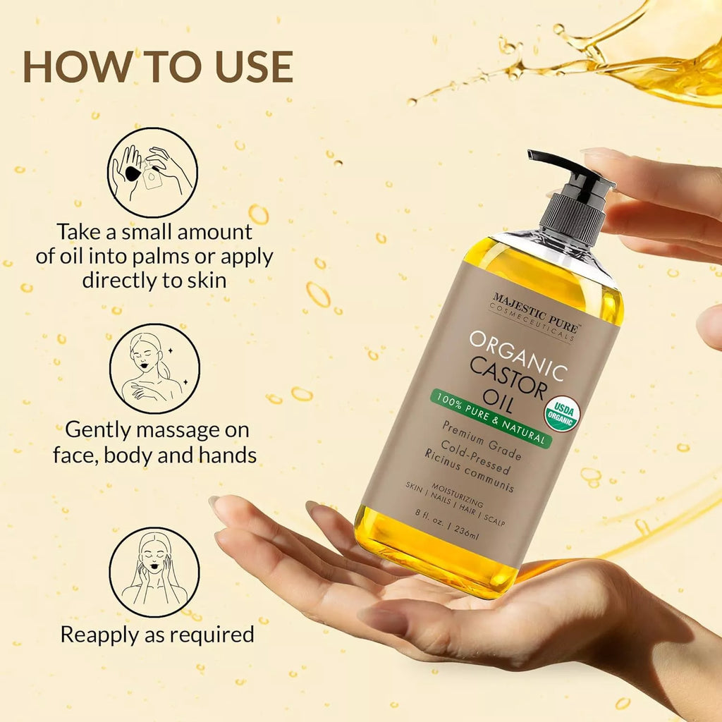 USDA Organic Castor Oil, 8Fl Oz Daily Hydrating Moisturizer for Body Care, Hair Growth, Cosmetic Body & Massage Oil