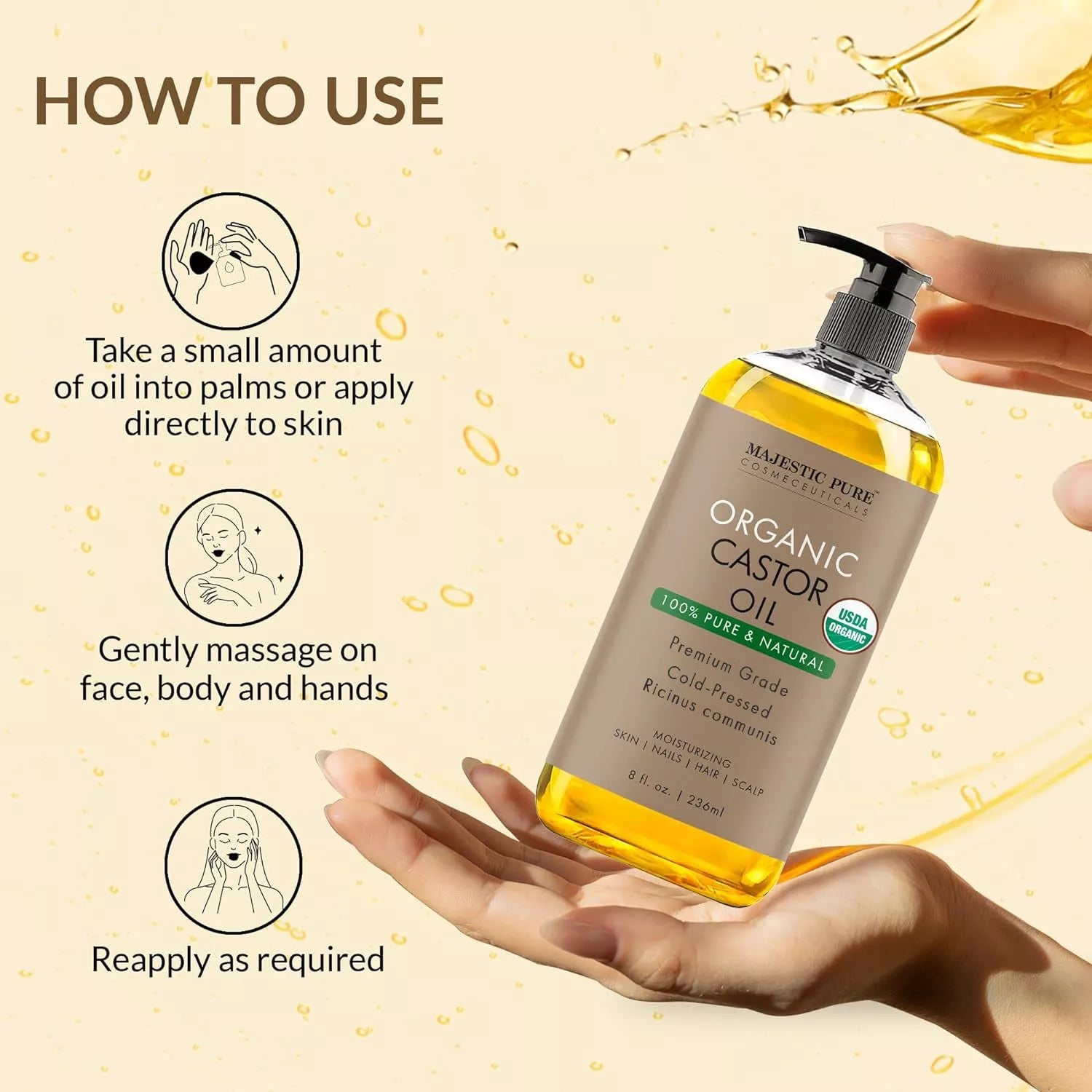 USDA Organic Castor Oil, 8Fl Oz Daily Hydrating Moisturizer for Body Care, Hair Growth, Cosmetic Body & Massage Oil